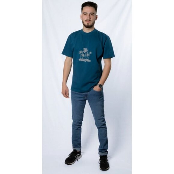 Tropical Graphic T-Shirt Mens Casual Short Sleeve Blue Palm Tree Print XL Read M - Picture 1 of 3